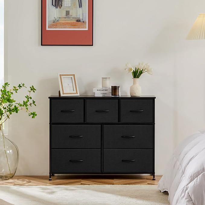 Sweetcrispy 7 Drawer Dresser with Fabric Bins Fabric Storage Tower Organizer for Bedroom Closet Hallway Entryway Tall Chest of Drawers with Steel Frame Wood Top Easy Pull Handles,Black