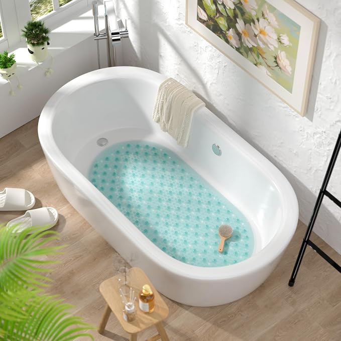 HITSLAM Oval Bathtub Mat Non Slip, 27x15 Inch Bubble Bath Tub Mat for Bathroom, Machine Washable Shower Mat with Suction Cups and Drain Holes, Green