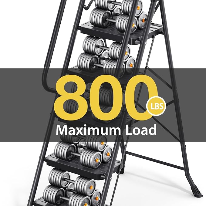 KINGRACK 5 Step Ladder, Sturdy Steel Step Stool with Anti-Slip Wide Pedals, Handrail, Safe-Lock Design, Pass 800lbs Load Testing, Folding Portable Ladder for Multi-Purpose, Home, Kitchen, Black