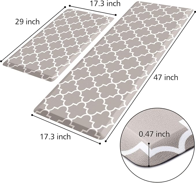 KMAT Kitchen Mat [2 PCS] 0.47inch Cushioned Anti-Fatigue Area Rug Sets, Waterproof Non-Skid Kitchen Mats and Rugs Heavy Duty PVC Ergonomic Comfort Standing Mat for Kitchen, Floor Office,Khaki