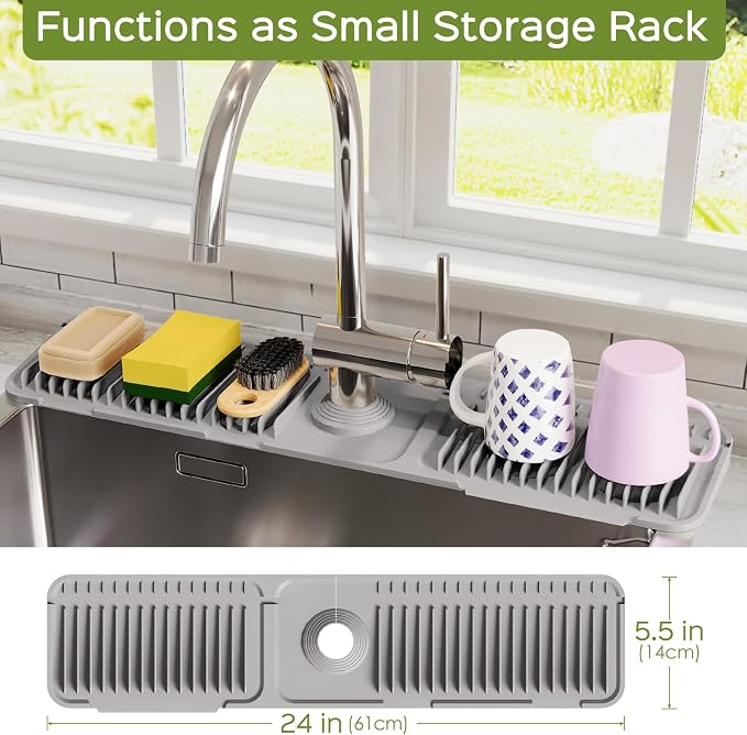 24 Inch Silicone Faucet Mat for Kitchen Sink Splash Guard – 2025 Upgraded Draining Mat with Water Tray Behind Faucet – Countertop Protectors to Catch Spills (Gray, 24" x 5.5" )