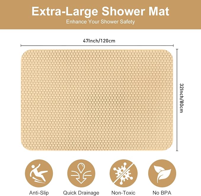Extra Large Shower Mat: 47"x32" Non Slip Shower Mats for Inside Shower, PVC Anti Slip Shower Stall Mats No Odor, Trimmable Walk in Shower Mats for Elderly Kids