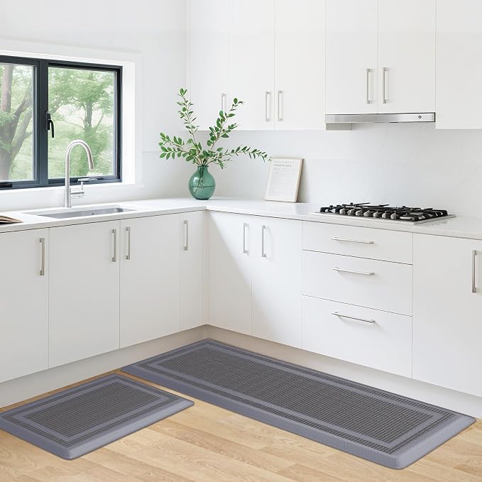 KitchenClouds [2 PCS] Kitchen Rugs Cushioned Anti-Fatigue Kitchen Mats for Floor Waterproof Kitchen Rug Set Non-Slip Comfort Standing Mat for Office, Sink, Laundry 20"×30"+20"×47", Grey