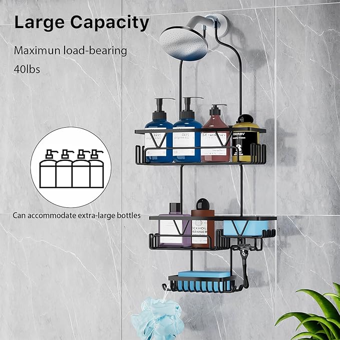 DAOYA Over the Shower Head Caddy with 2 Baskets & Soap Holder, Non-Slip Design for 0.82-Inch Showers, Black, Stainless Steel