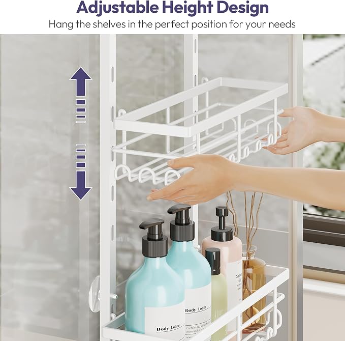 SWTYMIKI Over The Door Shower Caddy - 4 Tier Rustproof Hanging Shower Organizer with Adjustable Shelves, 40 Hooks & Soap Holder, Hanging Shower Rack Storage for Bathroom Accessories, White