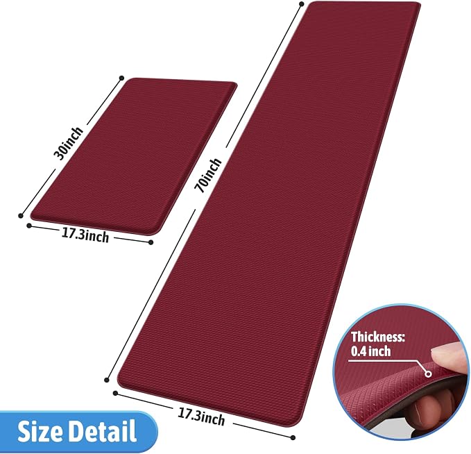 StepLively Kitchen Mat, 2 PCS Kitchen Rugs, Cushioned Kitchen Mats for Floor, Anti Fatigue Kitchen Rug Set, Non-Skid Standing Mat for Kitchen, Office, Sink, 17.3"x30"+17.3"x70", Red