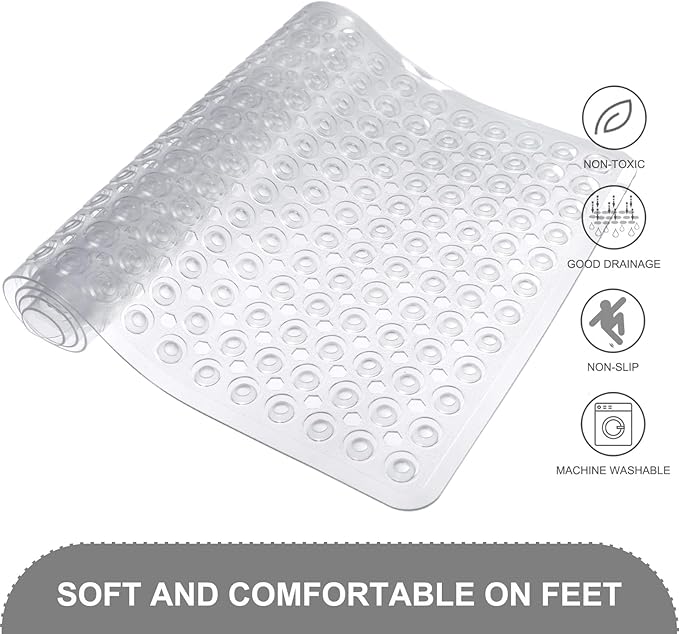 TEESHLY Bath Mat for Tub & Shower, Non Slip Soft Bathmat with Suction Cups & Drain Holes, Machine Washable Bathtub Floor Liner Mats for Bathroom, 35x16 Inch, Clear