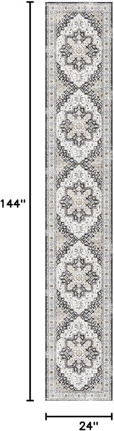 Madane Hallway Runner Rug 2x12, Extra Long Washable Runner Rugs with Rubber Backing, Non Slip Carpet Runner, Vintage Rug Runners for Kitchen Laundry Room Entryway (Black, 2'x12')
