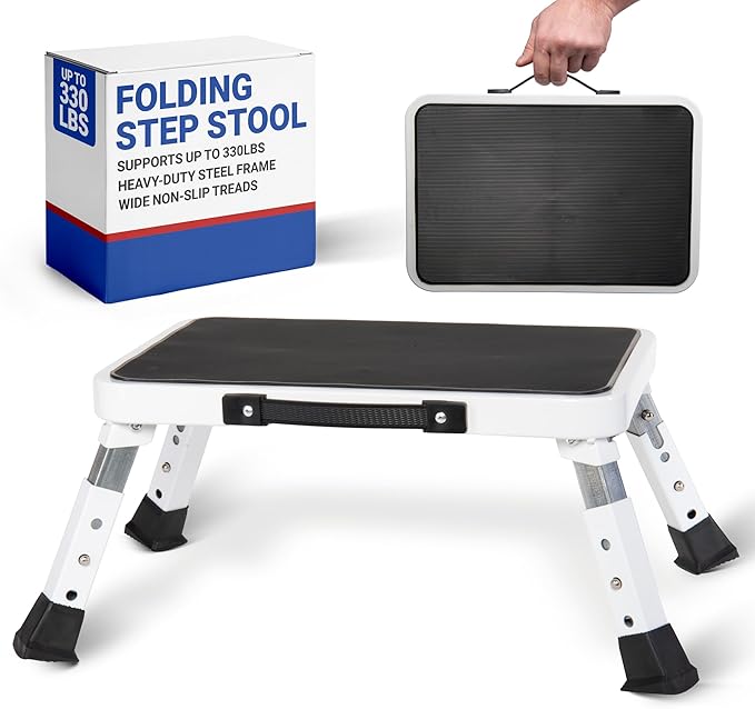 Arrigo Folding Step Stool with 3 Adjustable Heights – 330lb Capacity, Wide Anti-Slip Treads – Compact, Portable & Collapsible – Foldable Bed Stairs, Kitchen Ladder & Foot Stool for Adults