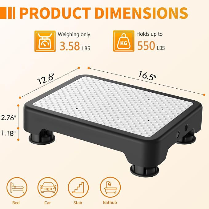 Ronlap One Step Stools for Adults, Portable Safety Step Platform for Seniors Small Plastic Bedside Step Stool Mobility Wide Step Stools Elderly Assistance for Shower Bed Car Stair Outdoor, Black-White