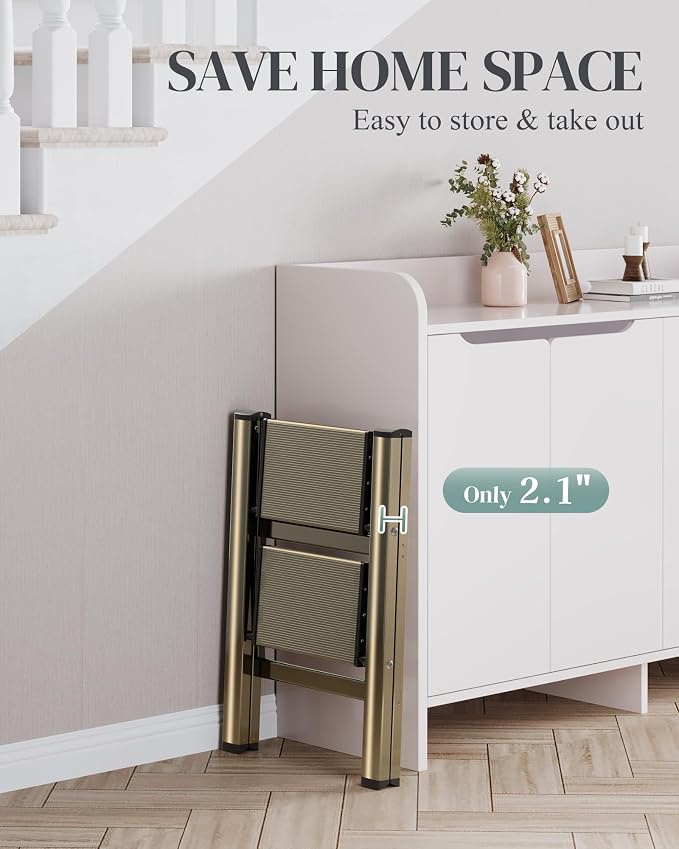 2 Step Ladder, Folding Step Stool with Wider Pedal, Anti-Slip Feet & Non Slip Stripes, Aluminum Sturdy Material, 300Lbs Capacity, Elegant Look of Champagne Gold Better Matches Your Home