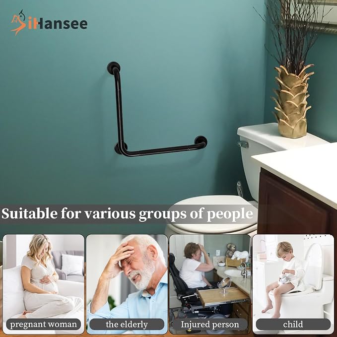 Black Angled Grab Bar 16x16 Inch, Stainless Steel Bathroom Grab Bar w/Anti-Slip Knurled Grip, Wall Mounted Bathtub Toilet Safety Handrail for Elderly Senior, L-Shaped Grab Bar for Shower
