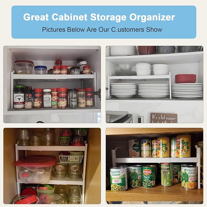 Set of 2 Expandable Kitchen Cabinet Shelves Organizers, Stackable Adjustable Small Storage Shelf Rack Stand For Pantry Cabinet Cupboard Kitchen Counter Organization, 22 lbs Capacity, Length:20.5"