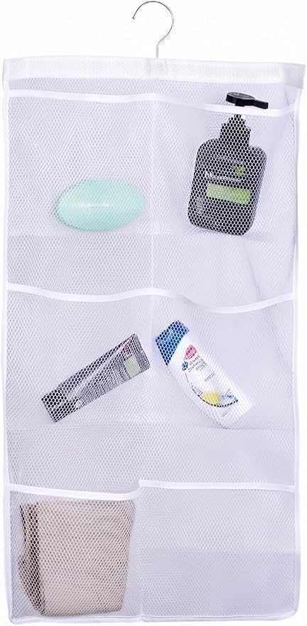 ALYER 6 Storage Pockets Hanging Mesh Shower Caddy,Space Saving Bathroom Accessories and Quick Dry Bath Organizer with Hanger,White