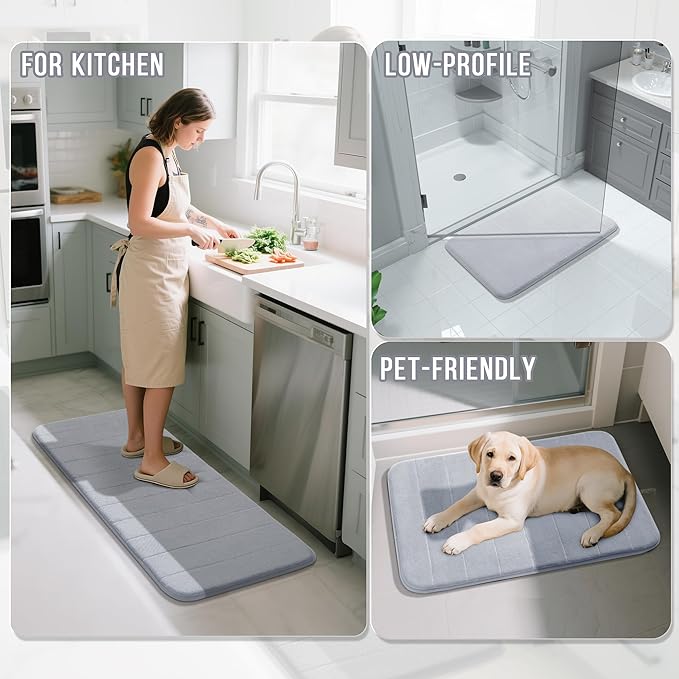 Yimobra 3 Pieces Memory Foam Bath Mat Set with U-Shaped Toilet Rug - Non Slip Super Soft Absorbent Quick Dry Bathroom Rugs for Bathtub, Vanity & Toilet Base, Silver