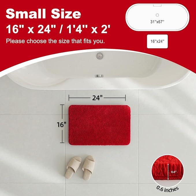 TYUU Red Bathroom Rugs, Ultra Soft Bath Rugs Non Slip Washable, Super Absorbent Quick Dry Small Bath Mat with Rubber Backing for Bathroom Floor, Shower, or Sink, Red 16" x 24"