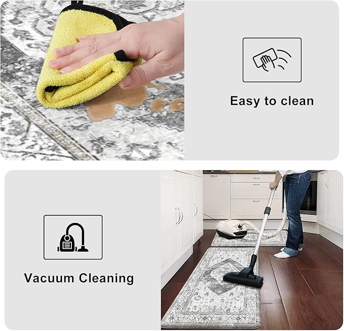 KIMODE Kitchen Rugs and Mats for Floor 2 Piece Cushioned Anti Fatigue Kitchen Mat Non-Skid Waterproof Kitchen Runner Rug Boho Laundry Room Rug for Kitchen Decor, Floors, Office, Desk, Grey Rug Set