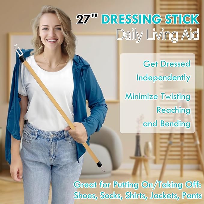 Nourislif 27'' Dressing Stick, Long Dressing Stick for Elderly, Disabled, Limited Mobility – Daily Living Dressing Aid Stick for Hip Replacement, Back - Dressing Aid for Pants, Shoes, Socks
