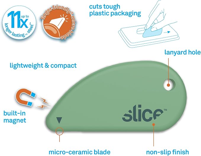 Slice Micro Safety Cutter | Safe Ceramic Box Cutter Lasting 11x Longer than Metal | Keychain Box Opener | Combo Pack | Earth White + Sage