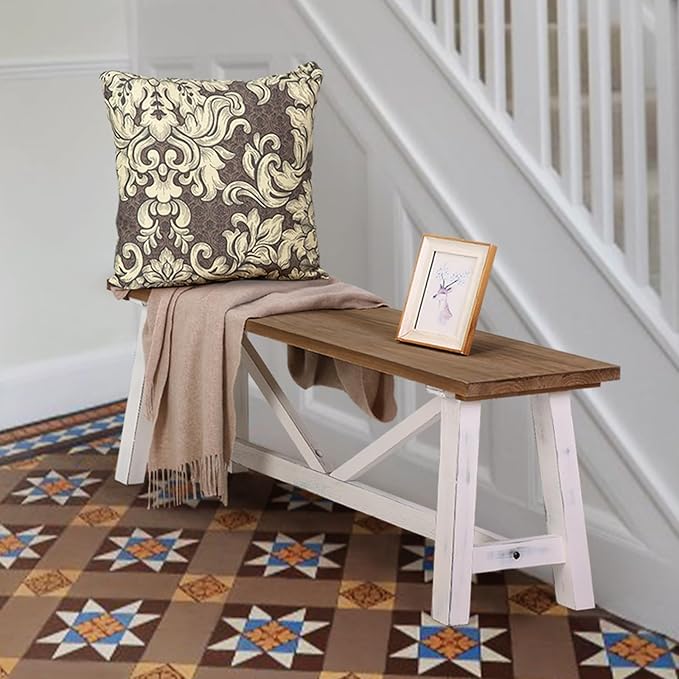 Wnutrees 43" Farmhouse Solid Wood Bench, Narrow Long Seat for Entryway Living Room Dining Area, White