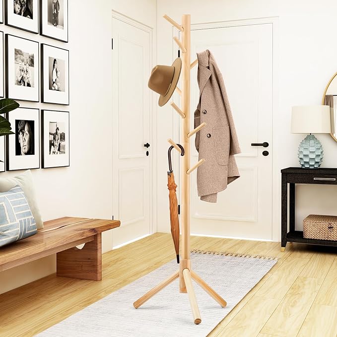 WANGMUXIA Coat Rack, Freestanding Coat Rack with 8 Hooks and 3 Adjustable Size Tree Coat Racks for Bedroom, Hallway, Entrance, Office, for Hats, Coats, Scarves, Handbags