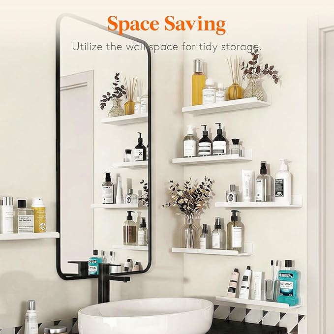 Lifewit Floating Shelves for Bathroom, Acrylic Display Shelf Wall Mounted for Makeup, Skincare, Nail Polish, Book, 14" Perfume Organizer for Bedroom, Living Room, Nursery, Home Decor, White, 4 Pack