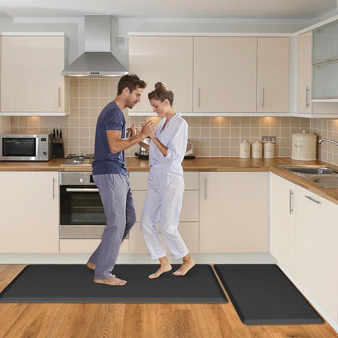 HappyTrends 2 PCS Kitchen Mat Cushioned Anti-Fatigue Floor Mat, Heavy Duty Ergonomic Comfort Foam Standing Mat,20"x30"+20"x47",Black