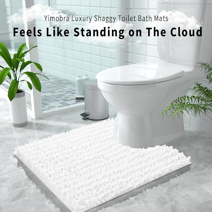 Yimobra Toilet Rug U Shaped Washable 24x20 Inch - Ultra Soft Absorbent Chenille Bath Rugs for Toilet, Quick Dry & Machine Washable, Non Slip Contour Bathroom Mat, White
