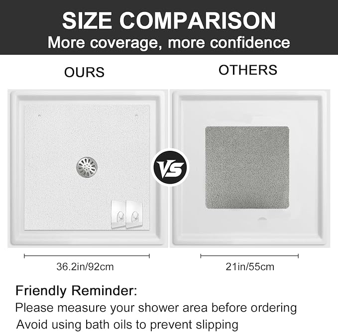 Extra Large Square Shower Mat for Inside Shower, 36 x 36 Inch Shower Floor Mat with Center Drain Hole, Designed for Walk-in Showers, Non-Slip Loofah Mat with Wide Coverage for Stable Standing