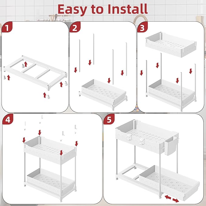 Sevenblue Under Sink Organizer, Bathroom Organizers and Storage, 2 Tier Multi-Use Pull Out Cabinet Organizer with Hang Hooks and Cups (White, 4 Pack)