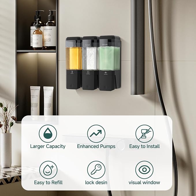 Shampoo and Conditioner Dispenser 3 Chamber 17oz No Drill Shower Soap Dispenser Wall Mounted Shampoo Conditioner Body Wash Refillable Bathroom Shower Dispenser (Black+Smoke Gray 3 Chamber)