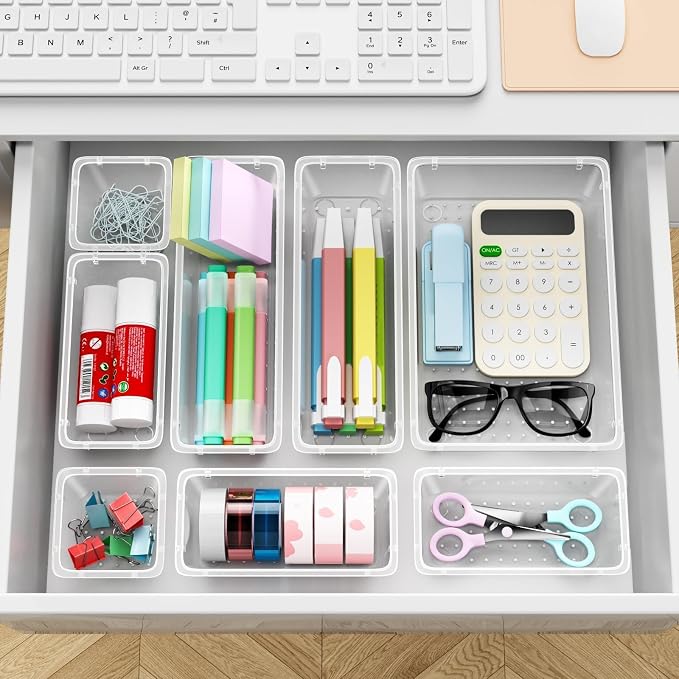 ElegantArray 12 PCS Drawer Organizer Set, 4 Sizes Tool Storage Trays, Clear Plastic Makeup Vanity Organizer and Storage Bins for Makeup, Stationeries, Multiple Gadgets for Bathroom, Office, Bedroom
