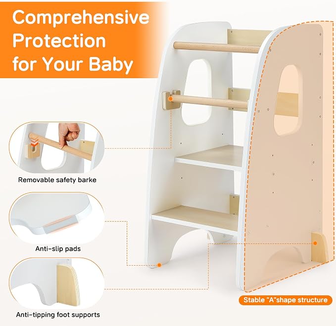 Ezebaby Toddler Standing Tower, 3-Adjustable Height Toddler Kitchen Step Stool, Kids Helper Stool for Learning New Skills-White