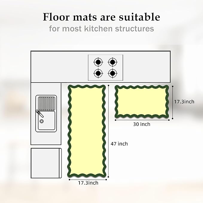Arenarug Scalloped Kitchen Mats Rugs Sets of 2 Cushioned Anti Fatigue Floor Mat Waterproof Kitchen Rugs Non Slip Foam Comfort Standing Mat for Sink Laundry, Green