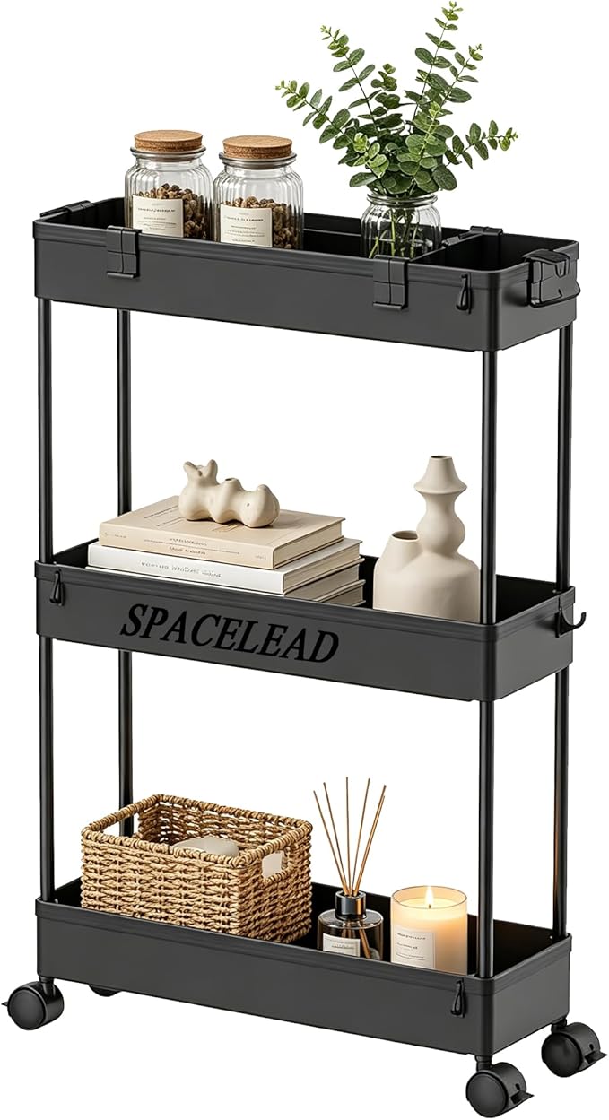 SPACELEAD Slim Storage Cart 3 Tier,Bathroom Organizer Rolling Utility,Mobile Shelving Unit Slide Out for Office, Kitchen, Laundry Room & Narrow Places,Black