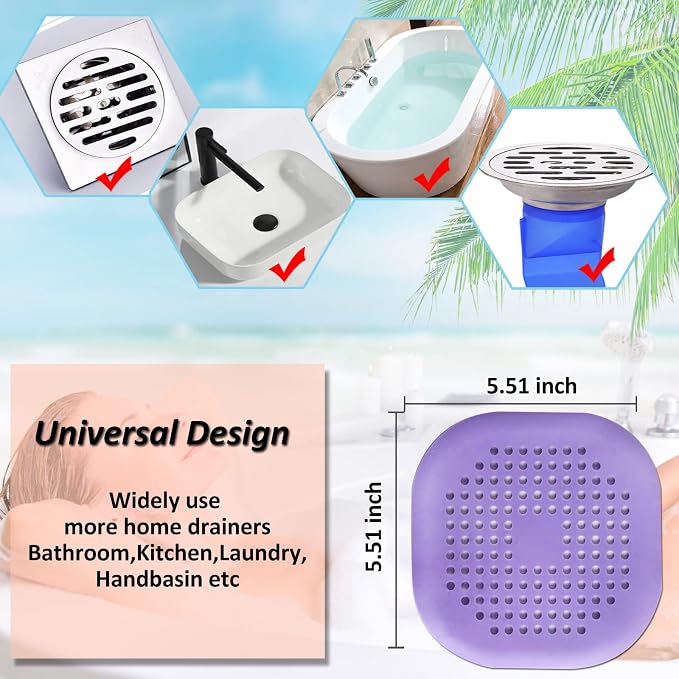 Hair Drain Catcher,Square Drain Cover for Shower Silicone Hair Stopper with Suction Cup,Easy to Install Suit for Bathroom,Bathtub,Kitchen 2 Pack (Purple)