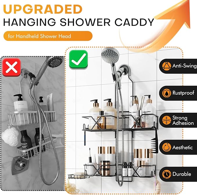 Adjustable Height Shower Caddy Hanging for Handheld Shower Heads, Shower Racks with Soap Holder 8 Hooks, No-Drilling, Anti-Swing, Bathroom Storage Shower Organizer