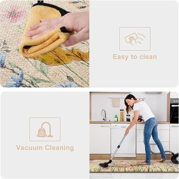 KIMODE Kitchen Anti Fatigue Mats, Farmhouse Flower Kitchen Rugs Sets of 2, Memory Foam Kitchen Mats for Floor, Waterproof Non Skid Standing Mats for Sink Laundry Office Desk Brown 20"x71"+20"x32"