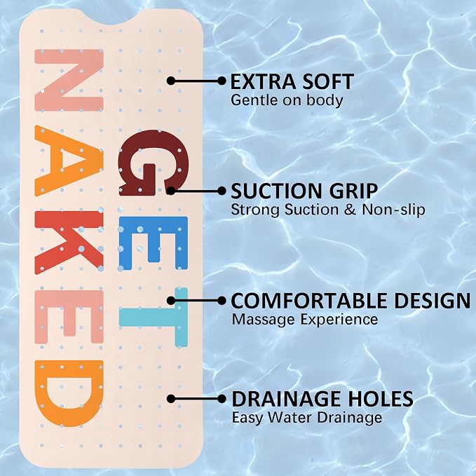 Get Naked Bath Mat for Tub, Non Slip Bathtub Mat for Baby Rubber Tub Mat, Cute Kids Bath Mats for Bathroom Funny Anti Slip Shower Mat with Suction and Drain Holes Machine Washable, 40″X16″