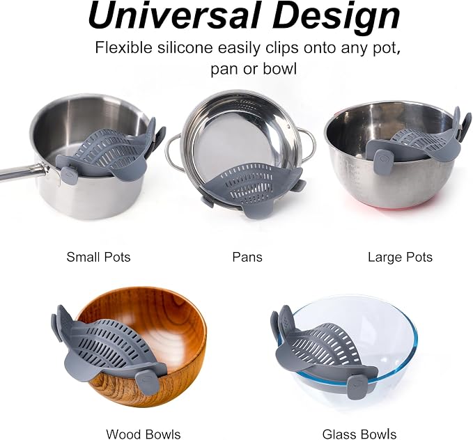 S&F Homes Silicone Clip On Strainer for Pots and Pans - Heat Resistant, Food, Noodle, Meat, Fruits, Vegetables and Pasta Strainer - Versatile Kitchen Gadget and Colander (Gray)