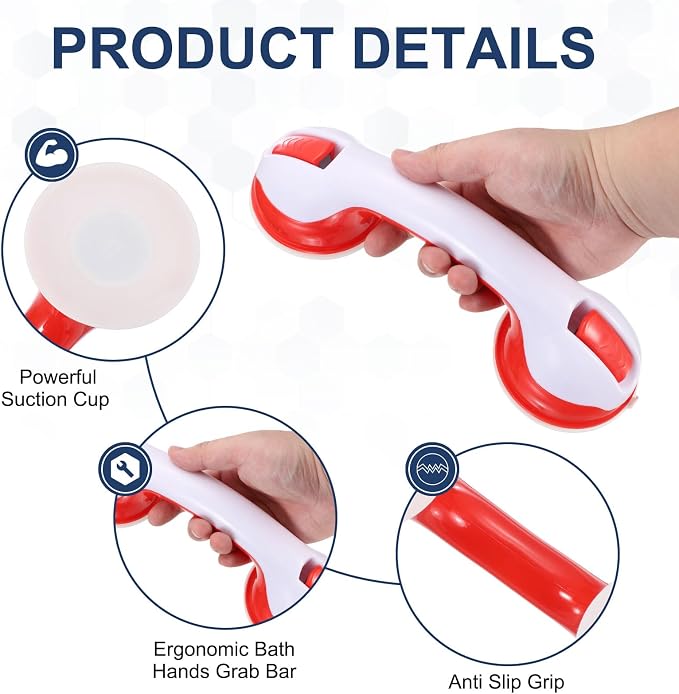 uxcell Grab Bars for Shower, 12 Inch Shower Handle Suction Cup, Grab Bars Elderly Assistance Products Safety Removable Grip Press-Lock for Seniors Bathtubs Bathroom Toilets, White/Red