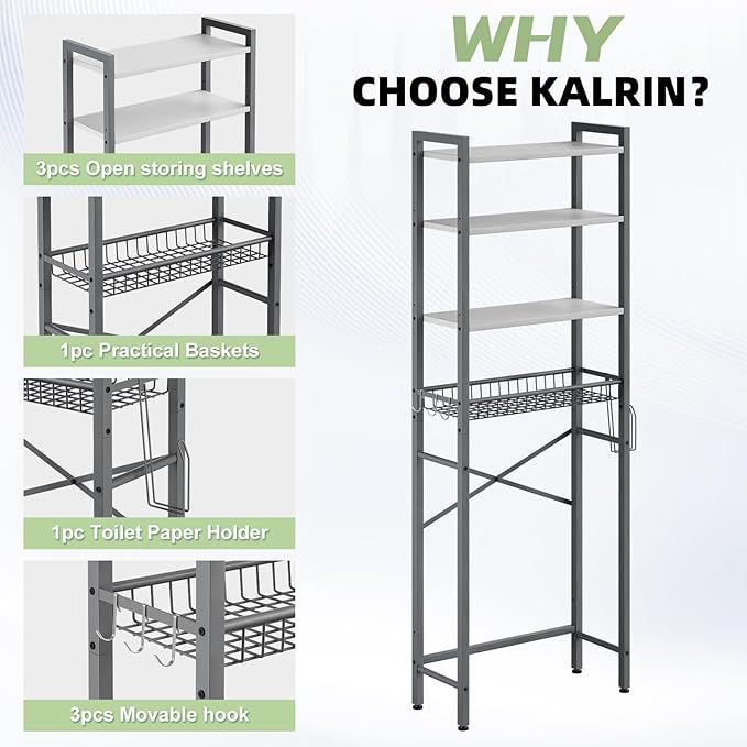 Kalrin Over-The-Toilet Storage Rack, 4-Tier Bathroom Organizer Shelf Over Toilet with Adjustable Shelf and Basket, Freestanding Space Saver Bathroom Shelves Above Toilet for Room (Gray- White)