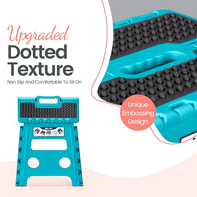 Delxo Folding Step Stool, 13 inch Non-Slip Foldable Stools Up to 300 LBS, Step Stool with Handle, Lightweight for Kitchen, Bathroom, Bedroom, Garden Stepping Stool with Dotted Blue 1 PC