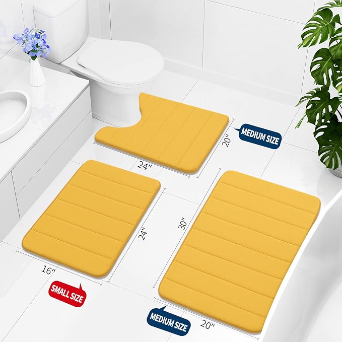Buganda Memory Foam U-Shaped Contour Toilet Rugs, Non Slip Absorbent, Thick Soft Washable Bathroom Mat, Floor Carpet Bath Rugs Mat for Toilet Base (24" x 20", Yellow)