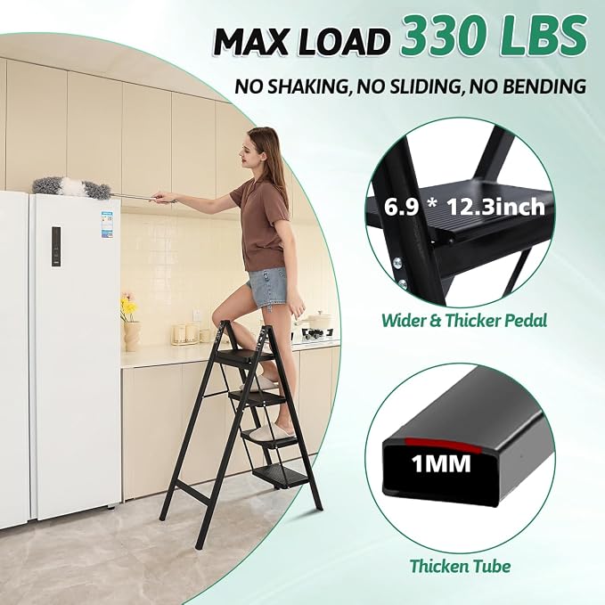 4-Step Folding Ladder, Heavy Duty Ladders for Home & Kitchen, Folding Ladder Easy to Store, Tall Ladder for Adults, Anti-Slip & Space-Saving Step Ladder, 330 Lbs Capacity