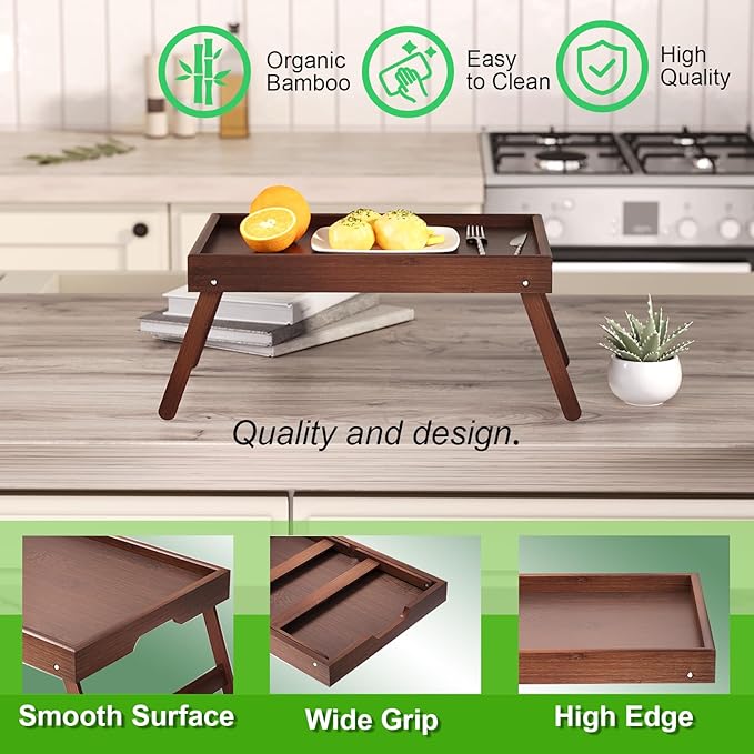 Fibogollo 2 Pack Bamboo Bed Tray Table with Folding Legs,Breakfast Trays,Serving Tray for Food and Snack,Laptop Trays for Working(Brown)