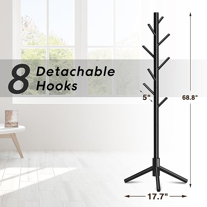 Coat Rack, Coat Racks Freestanding with 8 Hooks 3 Adjustable Heights for Clothes, Hats, Handbags, Coat Tree Easy Assembly for Entryway, Bedroom, Hallway, Office(Black 2PCS)