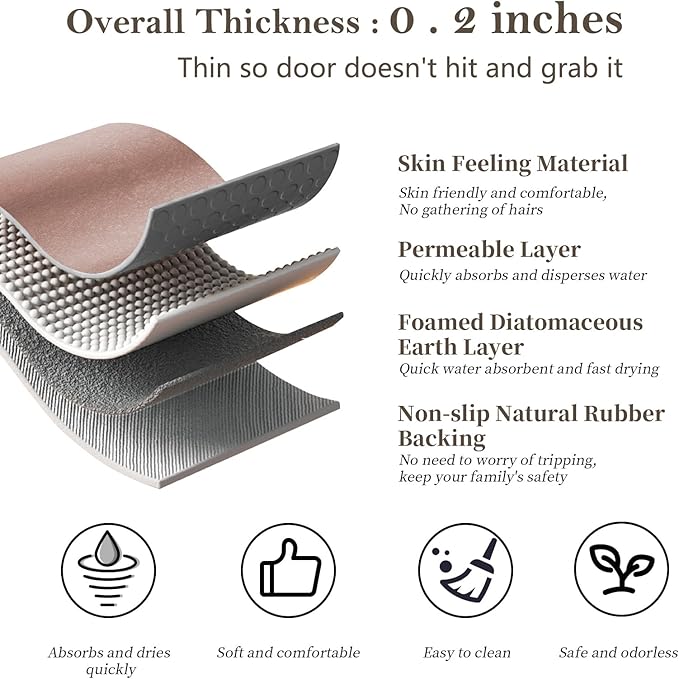 Diatomaceous Earth Bath Mat Rugs Quick Dry Super Absorbent Non Slip Rubber BottomThin Bathroom Mat Fit Under Door, Floor Rugs in Front of Bathtub,Shower Room,Sink,Washable, 17" x 32", Blush Pink