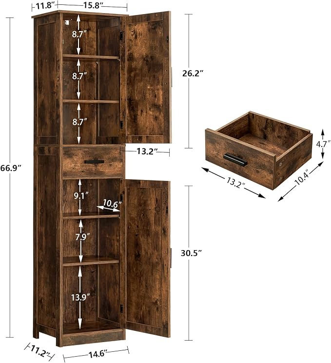 TEENFON Tall Bathroom Cabinet, Storage Cabinet with 6 Shelves & Drawer, Bathroom Storage Cabinet with Adjustable Shelves, Tall Cabinet for Living Room, Home Office, Brown
