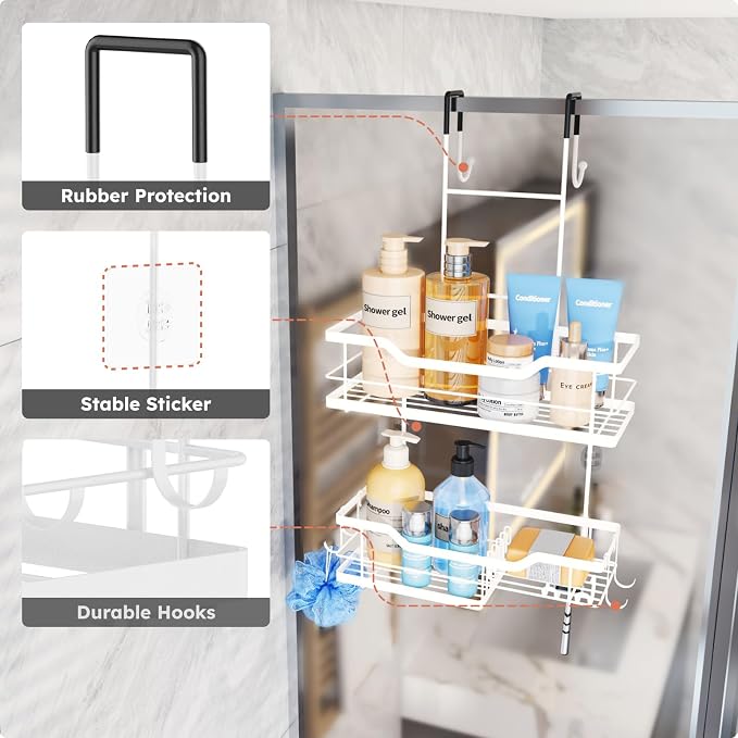 Consumest Over Door Shower Caddy - 2 Tier Shower Shelves Hanging with Soap Holders, Large Capacity Shower Organizer with 4 Hooks, Bathroom Rack and Storage, White